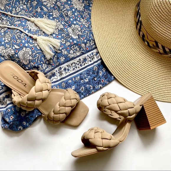 Soda buggy tan braided wood thick heel sandals - Picture 2 of 7